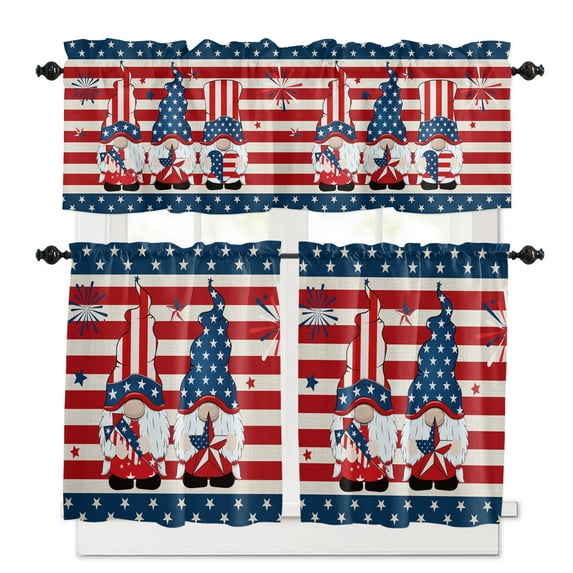 Independence Day Kitchen Curtains Valances and Tiers Pentagram Red Stripes Gnome Tier Curtains and Valance Rod Pocket Valance Curtains Set 27.5"W x 24"L, 3pcs