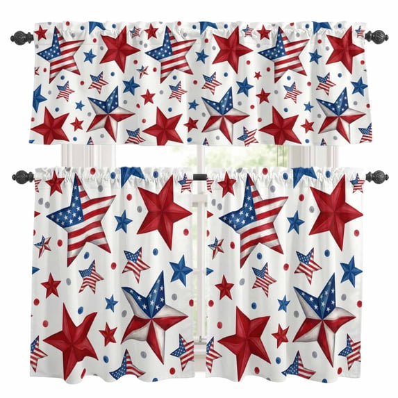 Independence Day Kitchen Curtains Valances and Tiers Set of 3 4th of July Patriotic American Flag Red Blue Star Tier Curtains and Valance with Rod Pocket for Small Windows, 27.5"x36"