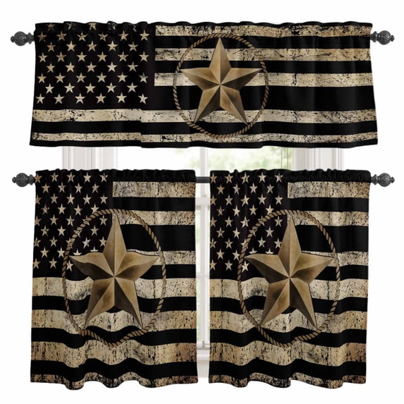 Independence Day Kitchen Curtains Valances and Tiers Set of 3 Retro Five-Pointed Star U.S. Flag Vintage Tier Curtains and Valance with Rod Pocket for Small Windows, 27.5"x36"