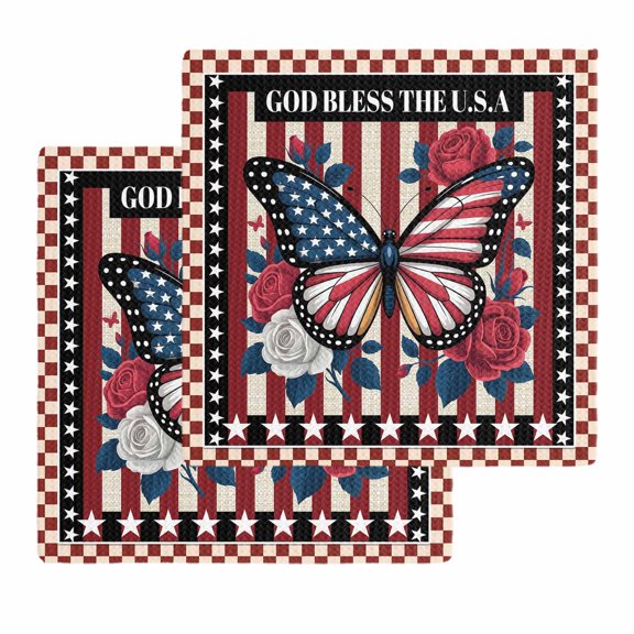 Independence Day Kitchen Dish Towels for Drying Dishes Set of 2, Red Blue U.S Flag Butterfly Flowers Striped Waffle Weave Microfiber Hand Tea Bathroom Towels Quick Dry & Absorbent Towel 12x12