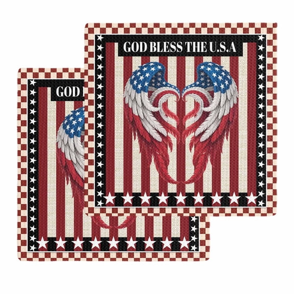 Independence Day Kitchen Dish Towels for Drying Dishes Set of 2, Red Blue U.S Flag Wings Stripes Plaid Waffle Weave Microfiber Hand Tea Bathroom Towels Quick Dry & Absorbent Towel 12x12