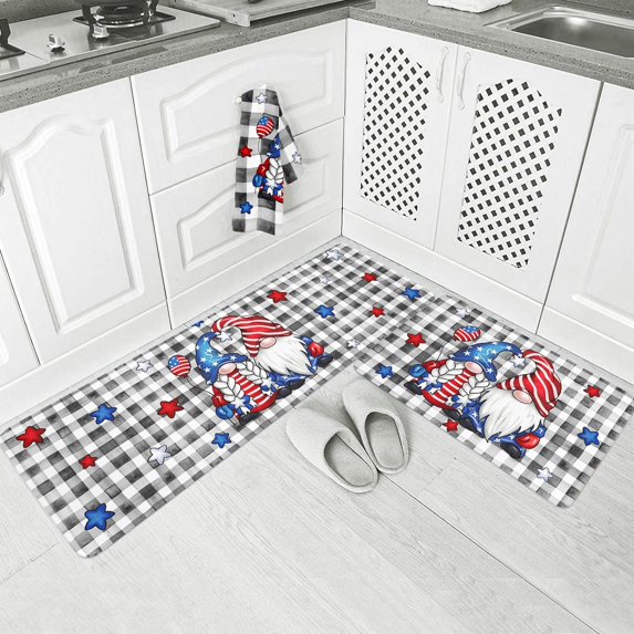 Independence Day Kitchen Floor Mats, USA Gnomes Patriotic Stars on Plaid 2 PCS Anti Fatigue Area Runner Rugs Set Black White Non-Slip Bathroom Comfort Standing Mat Home Decor
