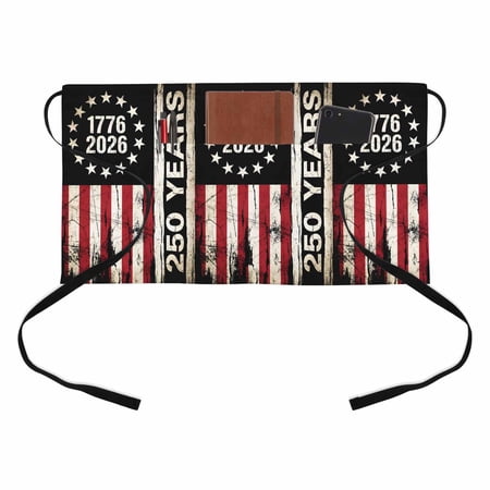 Independence Day Kitchen Restaurant Half Waist Apron, 250 Years American Flag Red Stripe 4th of July Server Short Apron with 3 Pockets Waterproof Oil Waist Aprons for Women Waitress Waiter