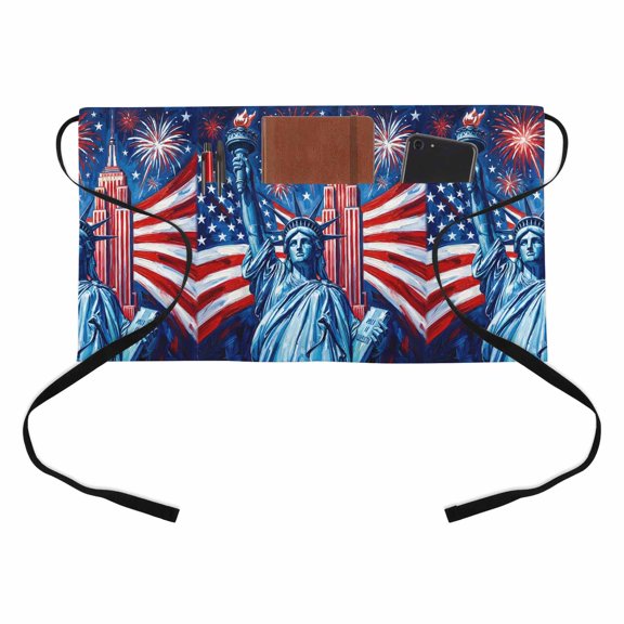 Independence Day Kitchen Restaurant Half Waist Apron, American Flag Statue of Liberty Firework Red Stripes Server Short Apron with 3 Pockets Waterproof Oil Waist Aprons for Women Waitress Waiter