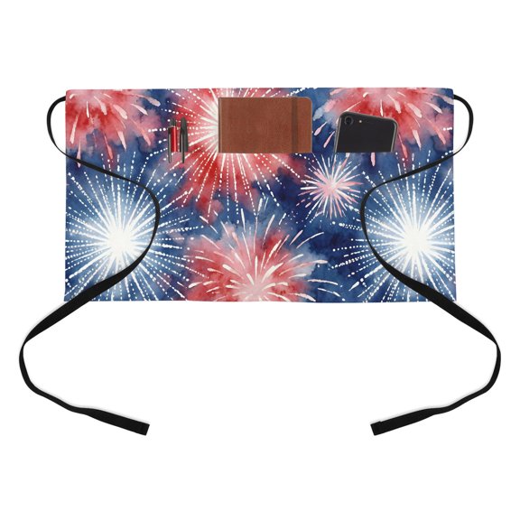 Independence Day Kitchen Restaurant Half Waist Apron, American Patriotic Fantasy Firework Server Short Apron with 3 Pockets Waterproof Oil Waist Aprons for Women Waitress Waiter