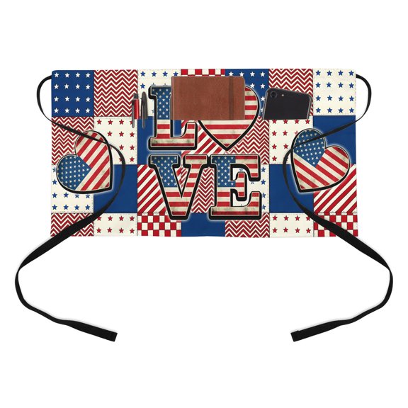 Independence Day Kitchen Restaurant Half Waist Apron, LOVE Letters America Flag Patchwork Vintage Server Short Apron with 3 Pockets Waterproof Oil Waist Aprons for Women Waitress Waiter