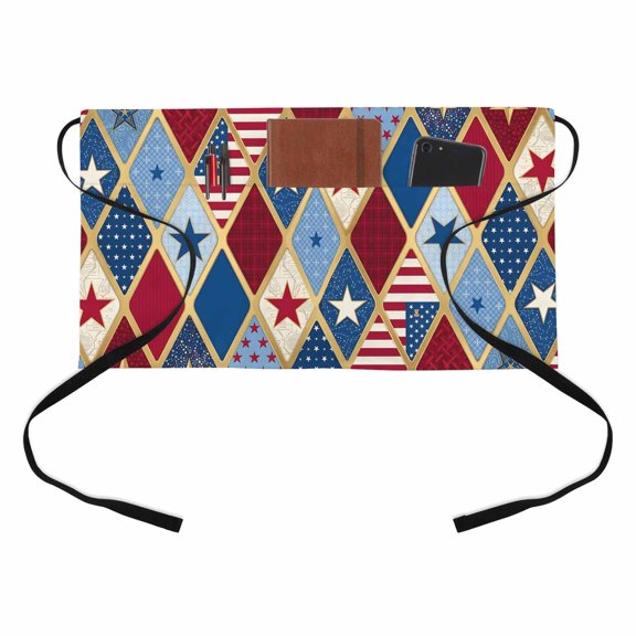 Independence Day Kitchen Restaurant Half Waist Apron, Red Blue Gold Star USA Flag Diamond Server Short Apron with 3 Pockets Waterproof Oil Waist Aprons for Women Waitress Waiter