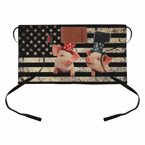 Independence Day Kitchen Restaurant Half Waist Apron, Retro Five-Pointed Star U.S. Flag Farm Funny Pigs Server Short Apron with 3 Pockets Waterproof Oil Waist Aprons for Women Waitress Waiter