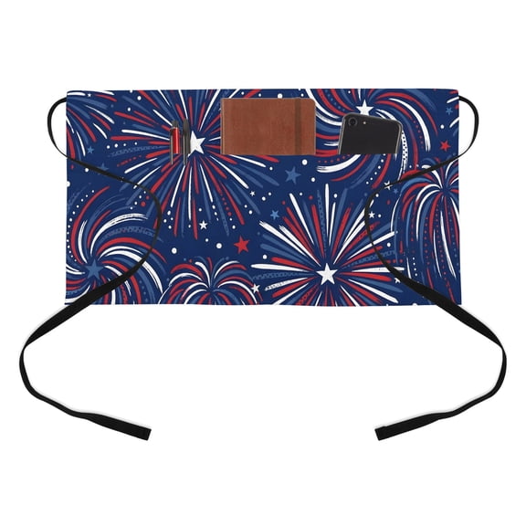 Independence Day Kitchen Restaurant Half Waist Apron, U. S. Flag Cartoon Firework Graffiti Patriotic Server Short Apron with 3 Pockets Waterproof Oil Waist Aprons for Women Waitress Waiter