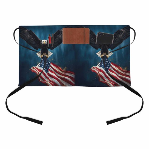 Independence Day Kitchen Restaurant Half Waist Apron, U. S. Flag Cool Soaring Bald Eagle Server Short Apron with 3 Pockets Waterproof Oil Waist Aprons for Women Waitress Waiter