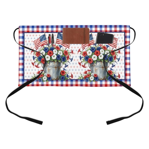 Independence Day Kitchen Restaurant Half Waist Apron, U. S. Flag Red White Blue Poppy Colorful Plaid Server Short Apron with 3 Pockets Waterproof Oil Waist Aprons for Women Waitress Waiter