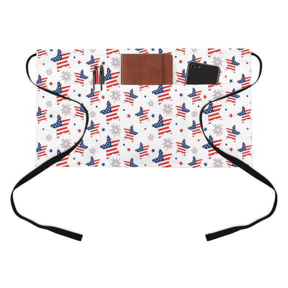 Independence Day Kitchen Restaurant Half Waist Apron, U.S. Flag Themed Cartoon Five-Pointed Star Firework Server Short Apron with 3 Pockets Waterproof Oil Waist Aprons for Women Waitress Waiter