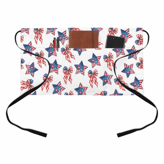 Independence Day Kitchen Restaurant Half Waist Apron, US Flag Red Blue Stripe Patriotic Star Bow Fireworks Server Short Apron with 3 Pockets Waterproof Oil Waist Aprons for Women Waitress Waiter