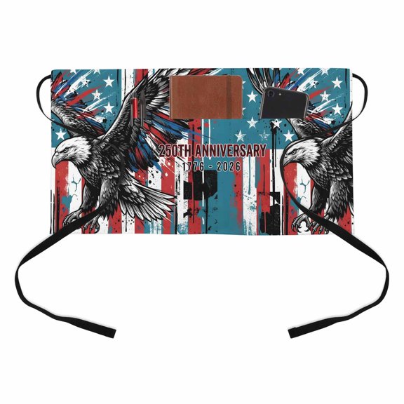 Independence Day Kitchen Restaurant Half Waist Apron, Usa Flag Bald Eagle Anniversary Teal Blue Server Short Apron with 3 Pockets Waterproof Oil Waist Aprons for Women Waitress Waiter