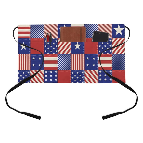 Independence Day Kitchen Restaurant Half Waist Apron, Vintage American Flag Red Stripes Blue Star Server Short Apron with 3 Pockets Waterproof Oil Waist Aprons for Women Waitress Waiter