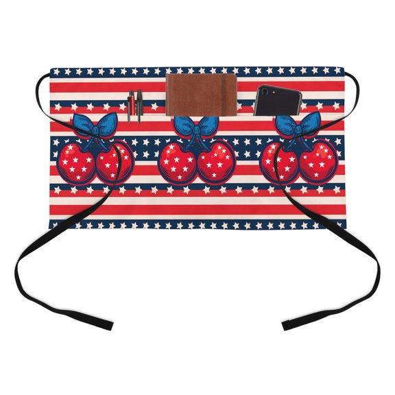 Independence Day Kitchen Restaurant Half Waist Apron, Vintage Cherry Classic Red White Blue Stripes Server Short Apron with 3 Pockets Waterproof Oil Waist Aprons for Women Waitress Waiter