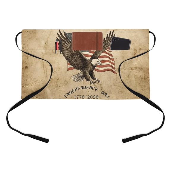 Independence Day Kitchen Restaurant Half Waist Apron, Vintage Eagle USA Flag Distressed Paper Texture Server Short Apron with 3 Pockets Waterproof Oil Waist Aprons for Women Waitress Waiter