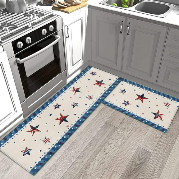 Independence Day Kitchen Rugs and Mats Set of 2, 4th of July Star Patriotic Non-Slip Floor Doormat Comfort Area Runner Rug and Mat, Vintage Stripe Cotton Linen Indoor Entrance Carpet Home Decor