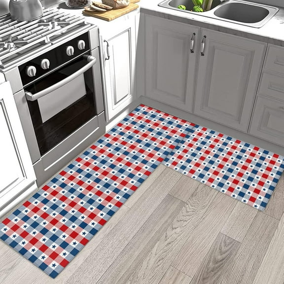 Independence Day Kitchen Rugs and Mats Set of 2, Patriotic Flag Non-Slip Floor Doormat Comfort Area Runner Rug and Mat, Blue Star on Red Blue Checkered Indoor Entrance Carpet Home Decor