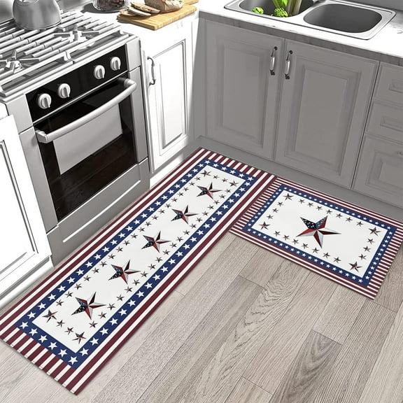 Independence Day Kitchen Rugs and Mats Set of 2, USA Flag Star Red White Blue Non-Slip Floor Doormat Comfort Area Runner Rug and Mat, Stripes Border Indoor Entrance Carpet Home Decor