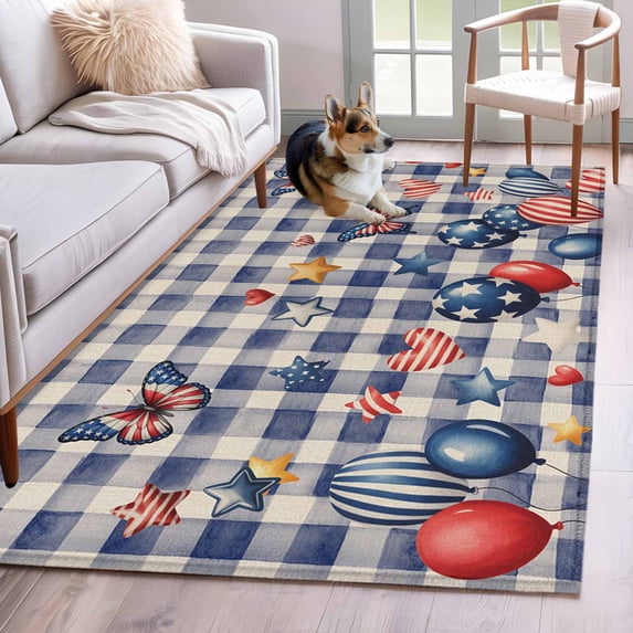 Independence Day Kitchen Runner Rug 2.7x5 Washable Runners for Hallway Non Slip Flag Balloons Butterflies Blue Plaid Large Area Rug Indoor Floor Carpet for Bathroom Laundry Entryway Bedroom