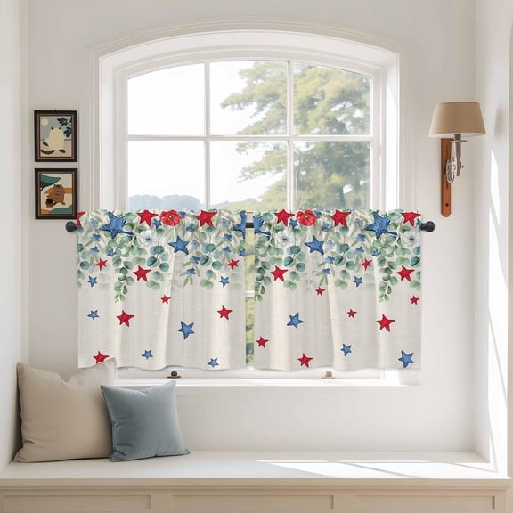 Independence Day Kitchen Tier Curtains 24 Inch Long 2 Panel Set,Rod Pocket Cafe Small Window Curtains Over Sink,4th of July Star Eucalyptus Leaf Burlap Short Drapes for Bathroom Cabinet 27.5"W x 24"L