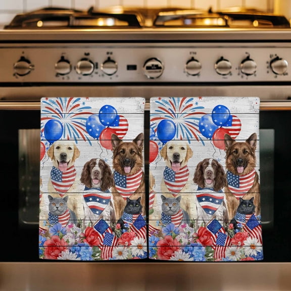 Independence Day Kitchen Towels Set of 1, Funny Dogs Red Blue Balloons Gray Wood Absorbent Dish Towels for Kitchen, Microfiber Hand Towel, Quick Drying Tea Towel for Cleaning Decorative Dishcloths
