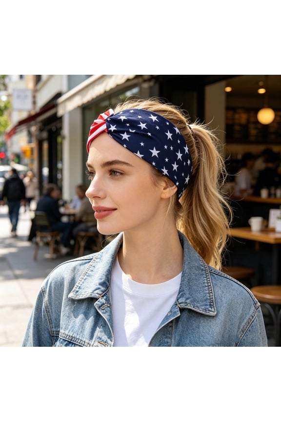 Independence Day Knotted Headband for Women 4th of July Hairbands, Star Striped Independence Day Hairband, Sweat Absorbent Sports Band, Headwear, Accessory for Workout, Running, Holiday Party Decor