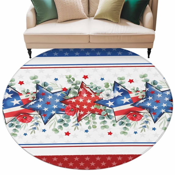 Independence Day Large Area Rugs for Bedroom Living Room, Soft Non Slip Carpet Bedside Rug, Star Stripe Flag Eucalyptus Red Blue Round Floor Cover Kitchen Accent Rug 5' for Dining Room/Office