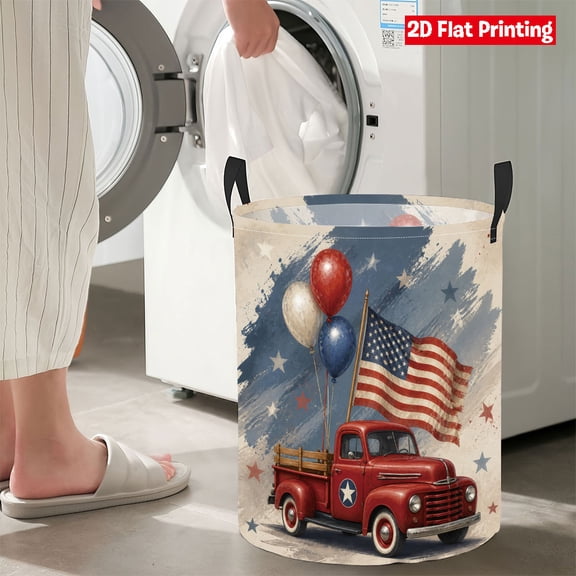 Independence Day Large Buckets, Canvas Laundry Baskets, Flag Dirty Clothes Hamper For 4Th Of July Home Organization, 13.8x19.6 In