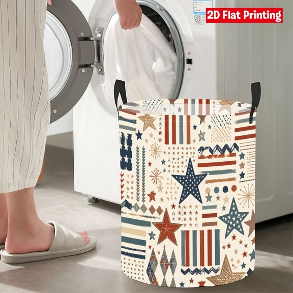 Independence Day Large Buckets, Canvas Laundry Baskets, Flag Dirty Clothes Hamper For 4Th Of July Home Organization, 13.8x19.6 In