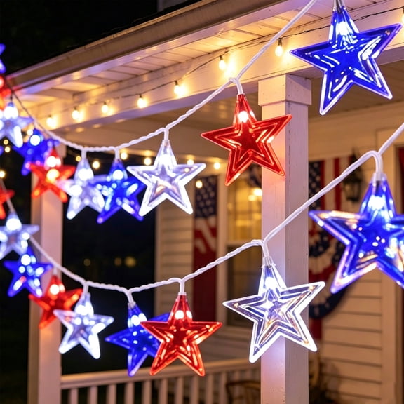 Independence Day Led Red, White and Blue Patriotic Themed Star String Lights, 1.5 Meters, 10 Lights and Two Batteries, Exquisite Scene Decoration