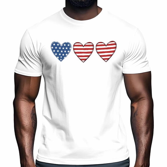 Independence Day Love Heart Men's T Shirts Patriotic American Flag Red Stripe Blue Star T-Shirt for Men Crew Neck Tees Cotton Tops White, S