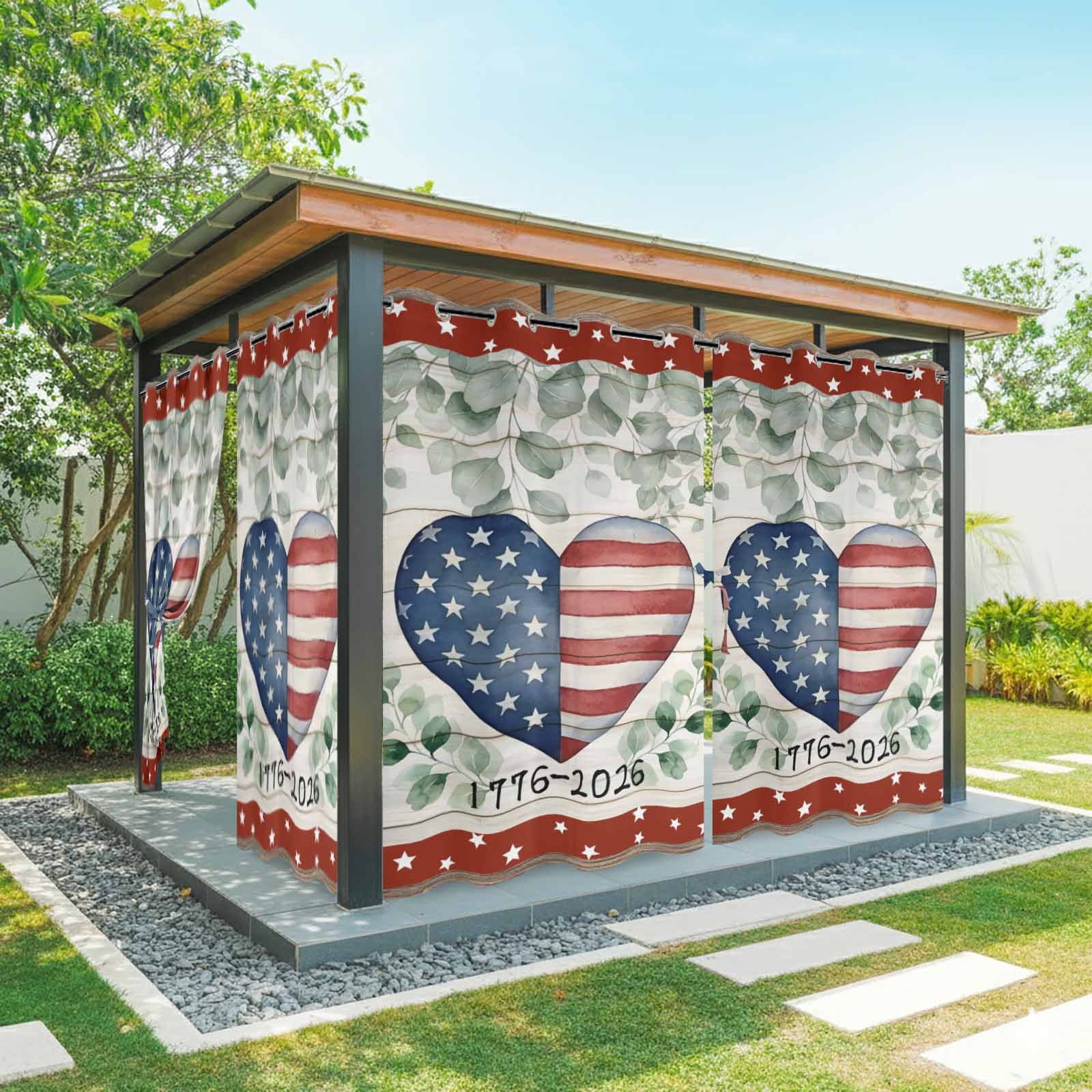 Independence Day Love Heart Outdoor Curtains for Patio, Red Blue Star Stripe Eucalyptus Leaves Sunshade Privacy Drapes Grommet Waterproof Outside Curtains for Porch/Cabana/Balcony 54"x 108", 1 Panel