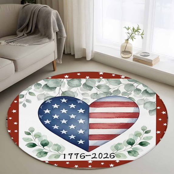 Independence Day Love Heart Washable Round Area Rug 3 ft, Red Blue Star Stripe Eucalyptus Leaf Wood, Soft Non Slip Rugs Stain Repellent Indoor Felt Carpet for Living Dining Room Bedroom Home Office