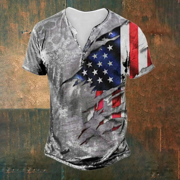 Independence Day Men's Patriotic American Flag Graphic T-Shirt, Short Sleeve Henley Style, Casual Summer Top, USA Independence Day Apparel