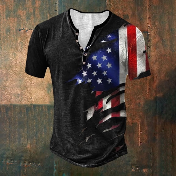 Independence Day Men's Patriotic American Flag Graphic T-Shirt, Short Sleeve Henley Style, Casual Summer Top, USA Independence Day Apparel