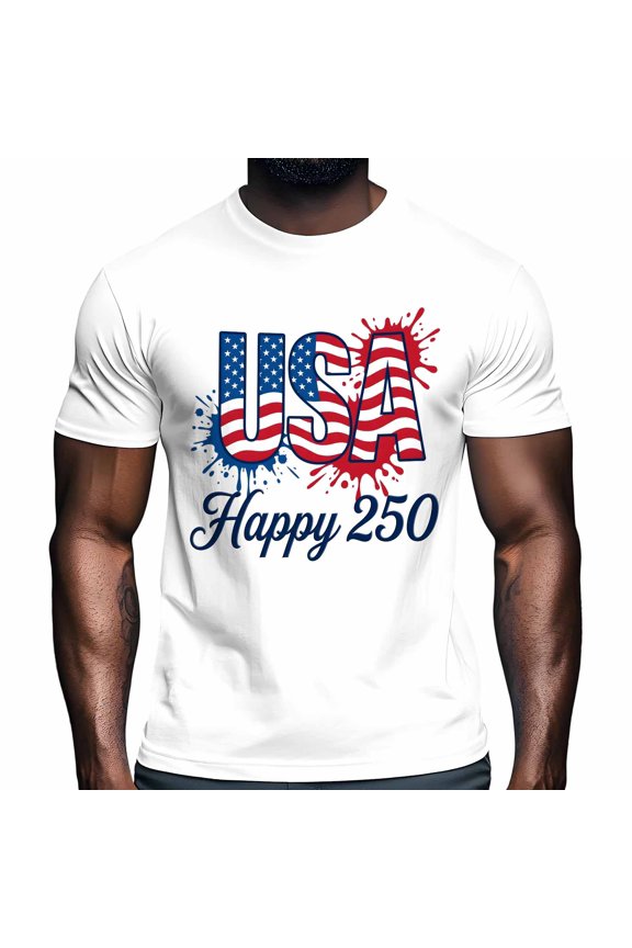 Independence Day Men's T Shirts USA Blue Star American Flag Abstract Happy 250 T-Shirt for Men Crew Neck Tees Cotton Tops White, 3XL