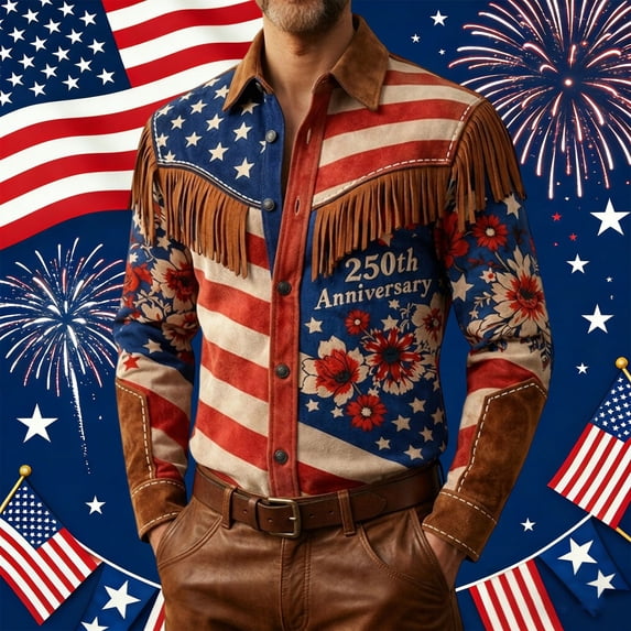 Independence Day Mens Western Fringe Shirt 250th Anniversary USA Shirt Vintage Long Sleeve Top Red L