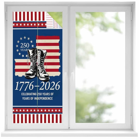 Independence Day Military Boots Window Privacy Film, America Years Red Blue Star Flag Frosted Glass Window Clings Static Cling UV Heat Blocking Reusable Door Sticker for Bathroom 17.7 x 39.3 Inch
