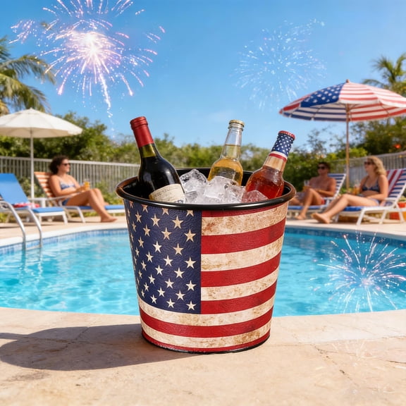 Independence Day Minimalist Ice Bucket, Patriotic Holiday Party Ice Container, Portable Leak-Proof Drink Cooler for Summer Pool Beach Outdoor Celebration