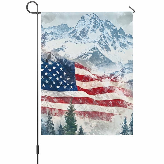 Independence Day Mountain Landscape Garden Flag 12 x 18 Inches, American Flag Snow Mountain Green Tree Weather Proof Outdoor Patio Flags Double Sided Small Garden Decoration for Yard Outside Home