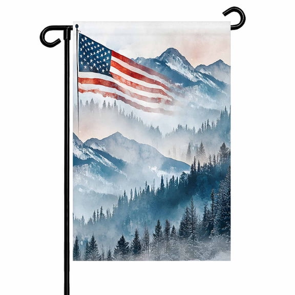 Independence Day Mountain Landscape Garden Flag 12x18 Inch American Flag Green Mountain Forest Double Sided Small Decorative Garden Flags for Outside, Outdoor Yard Porch Lawn Decoration
