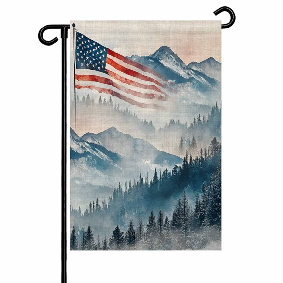 Independence Day Mountain Landscape Garden Flag 12x18 Inch American Flag Green Mountain Tree Double Sided Small Decorative Garden Flags for Outside, Outdoor Yard Porch Lawn Decoration