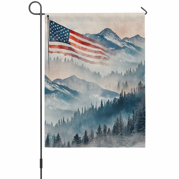 Independence Day Mountain Landscape Garden Flags For Outdoor, American Flag Green Mountain Tree Small Double Side Yard Flags Weather Proof Garden Decor for Lawn Outside Holiday 12 x 18 Inches