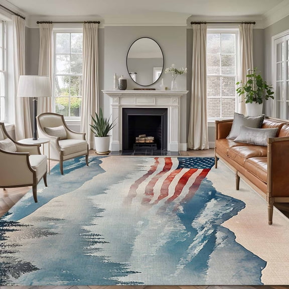 Independence Day Mountain Landscape Washable Area Rug 8 x 10 ft American Flag Green Mountain Tree, Soft Non Slip Rugs Stain Repellent Indoor Felt Carpet for Living Dining Room Bedroom Home Office