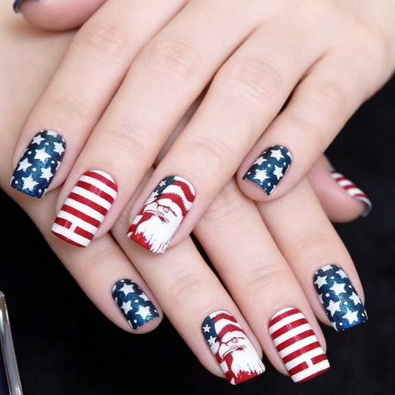 Independence Day Nail Set, 24-Piece Short Glitter Eagle False Nails, Ins Style, Exquisite & Vintage
