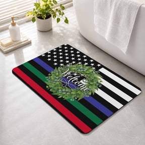 Independence Day Non Slip Bathroom Mat, US Flag Day Patriotic Weclome Wreath Red Black Stripes Absorbent Bath Mat Rubber Backed Quick Dry Doormat Fit Under Door for Bathtub Shower Sink 16"x24"