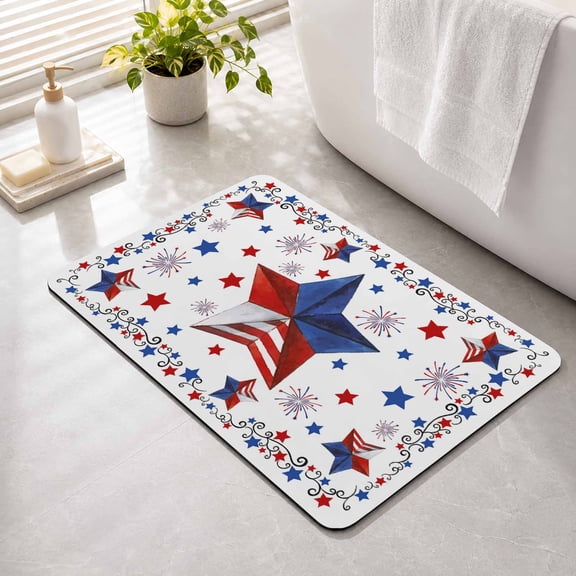 Independence Day Non Slip Bathroom Mat, Vintage Country Red Blue Stars Flag Pentagram Fireworks Absorbent Bath Mat Rubber Backed Quick Dry Doormat Fit Under Door for Bathtub Shower Sink 24"x36"