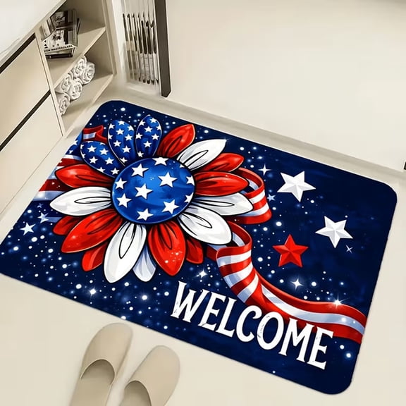 Independence Day Non Slip Rug 31x19 Inch, Red White Blue Crystal Velvet Mat, For Kitchen Bathroom Living Room 4th July Home Décor